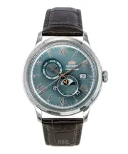 Orient Classic Sun & Moon Phase Automatic RA-AK0805E Mens Watch Leather Strap Green Dial Day Date Display 30M