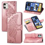 For iPhone 12 / 12 Pro Case, Butterflies Love Folio PU Leather Case, Card Slot, Wallet, Lanyard, Rose Gold