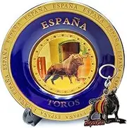 Decorative Plate Spain with Bull + Keyring Souvenir Spanish Bull Includes Bracket and Hook for Hanging Lovers from Spain, Taurus, Culture and Traditions (Toro)