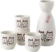 Ceramic Lucky Cat Japanese Sake Set,1 Tokkuri Bottle and 4 Ochoko Cups