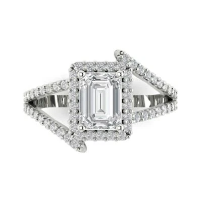 14K White Gold Halo Promise Ring, 1.935 ct Emerald Cut Simulated Diamond