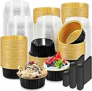 150Pcs Aluminium Foil Baking Cup 5oz Mini Cake Pan with Lid and Spoon Heat Resistant Cupcake Baking Cup Reusable Foil Muffin Liner for Party