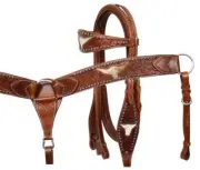 Showman Leather double stitched tooled browband headstall, reins and tooled