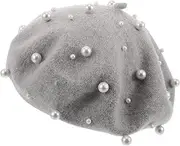 [SAFIGLE] Beret Hat Fake Pearl Warm Beanies Hat French Artist Hats Imitation Wool Bucket Hat Light Grey