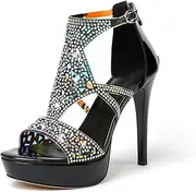 [Eldof] High Heeled Sandals for Women, Open Toe Strappy Platform Sandals, Cutout Gladiator Heels with Rinestones, Pumps Shoes for Dress Party Evening Summer