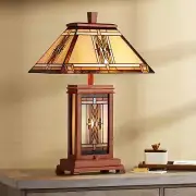 Mission Rustic Tiffany Style Table Lamp 27" Tall Walnut Wood with Nightlight