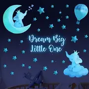 Elephant Wall Stickers Glow in The Dark Elephant Decal Baby Dream Big Little One Boy Nursery Room Wall Decor Quote Wall Stickers Large Watercolor Animal Decal for Kids Girl Bedroom Playroom Wall Decor