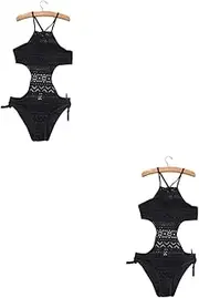 [SHERCHPRY] 2pcs Piece Breathable and Elastic Women's Bikini Swimsuit Lace Hollow Bodysuit for Beach and Pool