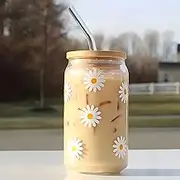 Cute Daisy Cup 16oz Iced Coffee Cup, Cute Glass Cups with Bamboo Lids and Straws Beer Can Milk Mocha Cups - Christmas, Birthday Gifts for Women,Women's Holiday 500ml