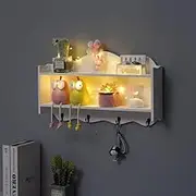 Wall Floating Shelves with String Lights Wall Decor, Wall Mounted Rustic Wood Shelves for Bathroom, Bedroom, Living Room, Kitchen, Hanging Shelf for Books/Storage/Room Decor (Doble Deck)