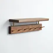 Solid Wood Shelf with Hooks, 18.9 Inch Coat Rack Wall Mount, Shelves with 6 Bras