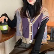 Argyle Cropped Button-Up Sweater Vest / Turtleneck Top Vest - Blue Purple - One Size