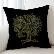Golden Tree Drawing over Black Cushion Cover