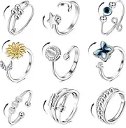 [Kakonia] 9 Pcs Fidget Anxiety Rings for Women Men Spinner Rings for Anxiety Relieving Stress Open CZ Flower Moon Star Anti Rotatable Rings Adjustable