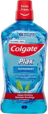 Plax Antibacterial Mouthwash 1L, Alcohol Free, Peppermint, Bad Breath Control