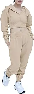 [KEYNOO] Womens two piece outfits Sweatsuit Zip-Up Hoodie Crop Top Sweatshirt & Joggers Sweatpants Fleece workout set.