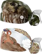 [WOSHJIUK] Working Hat 2 Pack Scrub Caps for Women,Forest Tree owl,Tie Back Cap Adjustable Scrub Hat