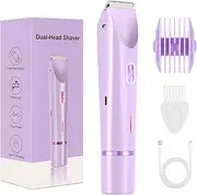 Women Electric Dual Head Shaver, 2 in 1 Bikini Trimmer for Lady, Waterproof Rechargeable Razor Body Hair Trimmer Wet & Dry Use (Purple)