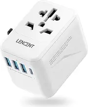 LENCENT Universal Travel Adapter, International Charger with 3 USB Ports & Type-C PD Charging Adaptor for Cellphones,Laptop, All in One Travel Plug Adapter for Over 200 Countries (USA UK EU AUS) White