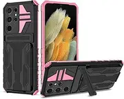 Detachable Card Holder Phone Case for Galaxy S21 Ultra 5G, Dual-Layer Protective Rugged Case with Kickstand Shockproof Heavy Duty Cover for Samsung Galaxy S21 Ultra 5G, Pink