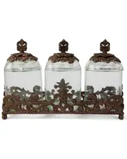 GG Collection 3-Piece Glass Canister Set With Acanthus Leaf Metal Base