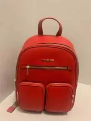 Michael Kors Medium Women Fashion Zip Pocket Backpack- Bright Red Leather Bag MK