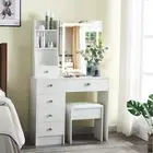 White Dressing Table & Stool Set with Dimmable LED Mirror Vanity Desk 6 Drawers