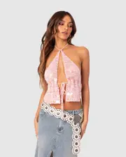 EDIKTED Womens Sequin Crochet Open Back Top PINK