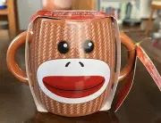 Galerie Sock Monkey Double 2 Handle Coffee Tea Cup Mug Brown 16 oz w Cocoa Set