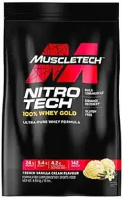 MuscleTech Nitro-Tech Whey Gold Protein Powder, French Vanilla Cream Protein Powder (4.54kg, 139 Servings, 24g Protein, 5.3g BCAAs, 4.2g L-Glutamine and Glutamic Acid)