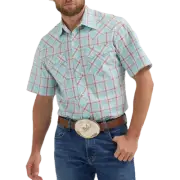 Wrangler Men's Retro Icy Sea Blue Plaid Snap Button Shirt 112365894