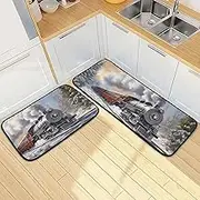 XYMZR Christmas Train Tree Kitchen Mat for Floor, 2 Piece, Non Slip Washable Kitchen Rugs for Kitchen & Home Decor, Sink, Bathroom 19.7” x 27.6” + 19.7” + 47.2”