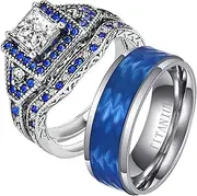 [loversring] Adjustable Size Bridal Sets Wedding Ring Sets His and Hers Promise Ring Couples Bridal Sets Women 925 Sterling Silver Square Cz Man Titanium Wedding Bands