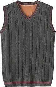 [SWJGLITTR] Men Cable Knitted Thick Pullover Vest V-Neck Slim Fit Sleeveless Sweater Slim Knit Wool Blended Vests, Dark Grey, Medium