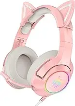 SIMGAL Pink Gaming Headset with Removable Cat Ears, Compatible with PC PS4 PS5 Xbox One(Adapter Not Included) Mobile Phones, with Surround Sound, RGB Backlight & Noise Canceling Retractable Microphone