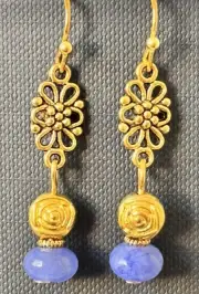 Gold Tone Flower and Corn Flower Blue Jade Dangle Earrings.