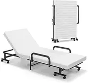 Rollaway Folding Sleeping Bed with Mattress, Rolling Lounge Chaise w/ 6-Position Adjustable Back & Storage Pocket, Sleeping Cot Guest Bed w/Heavy-Duty Metal Frame for Adults (White)