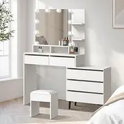 Oikiture Dressing Table with Mirror Light Makeup Vanity Desk with Side Cabinet Vanity Table with Shelves, Blubs and Stool White