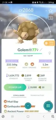 Shiny Golem ( Maxed To Level 40 ) ( Two Charged Moves ) Pokemon Trade Go