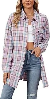 [Zontroldy] Womens Button Down Flannel Plaid Shirts Mid Long Casual Boyfriend Buffalo Pockets Shirt Jacket Shacket Coat