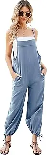 [Flygo] Women's Fashion Cotton Linen Overalls Loose Fit Sleeveless Straps Wide Leg Baggy Jumpsuit Rompers(LightBlue-M), Blue