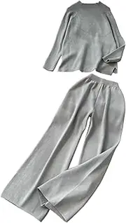 [Generic] Women's Crew Neck Long Sleeve Knitted Pullovers Elastic High Waist Wide Leg Pant Matching Set Jogging Tracksuit Outfits