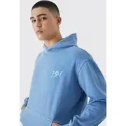 Mens Blue Oversized Washed Embroidered Hoodie