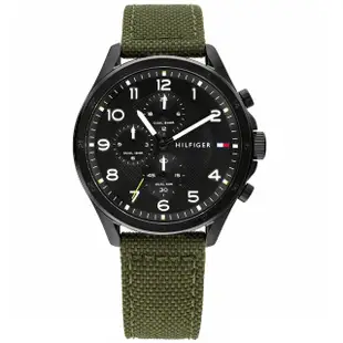 【Tommy Hilfiger】軍事風格 兩地時間 礦石強化玻璃 日本機芯 帆布皮革手錶 黑x軍綠 44mm(1792006)