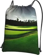 EdWal Green Golf Course Print Drawstring Backpack Gym Bags Sports Bags With Zipper Pocket For Travel Beach, Black, One Size
