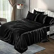P Pothuiny 6 Pieces Full Satin Sheets Luxury Silky Black Satin Bedding Sheet Set, 1 Deep Pocket Fitted Sheet + 1 Flat Sheet + 4 Pillow Cases