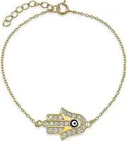 [Bling Jewelry] Turkish Amulet Talisman Delicate Dainty Evil Eye Hamsa Hand Station Bolo Bracelet for Women Teens Cubic Zirconia CZ 14K Gold Plated .925 Sterling Silver 7 8 Inch Adjustable Extender
