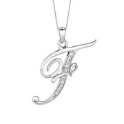 Sterling Silver Rhodium Plated Script Initial Letter F With Diamonds On 18 Inch Chain ( 0.05 Tcw)