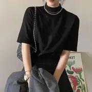 Short Sleeve Mock-Neck Plain T-Shirt Black - One SIze