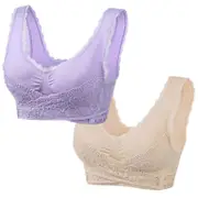 2pack Bras For Older Women, Adjustable Compression Shock Absorption Front Cross Side Buckle Lace Bras L